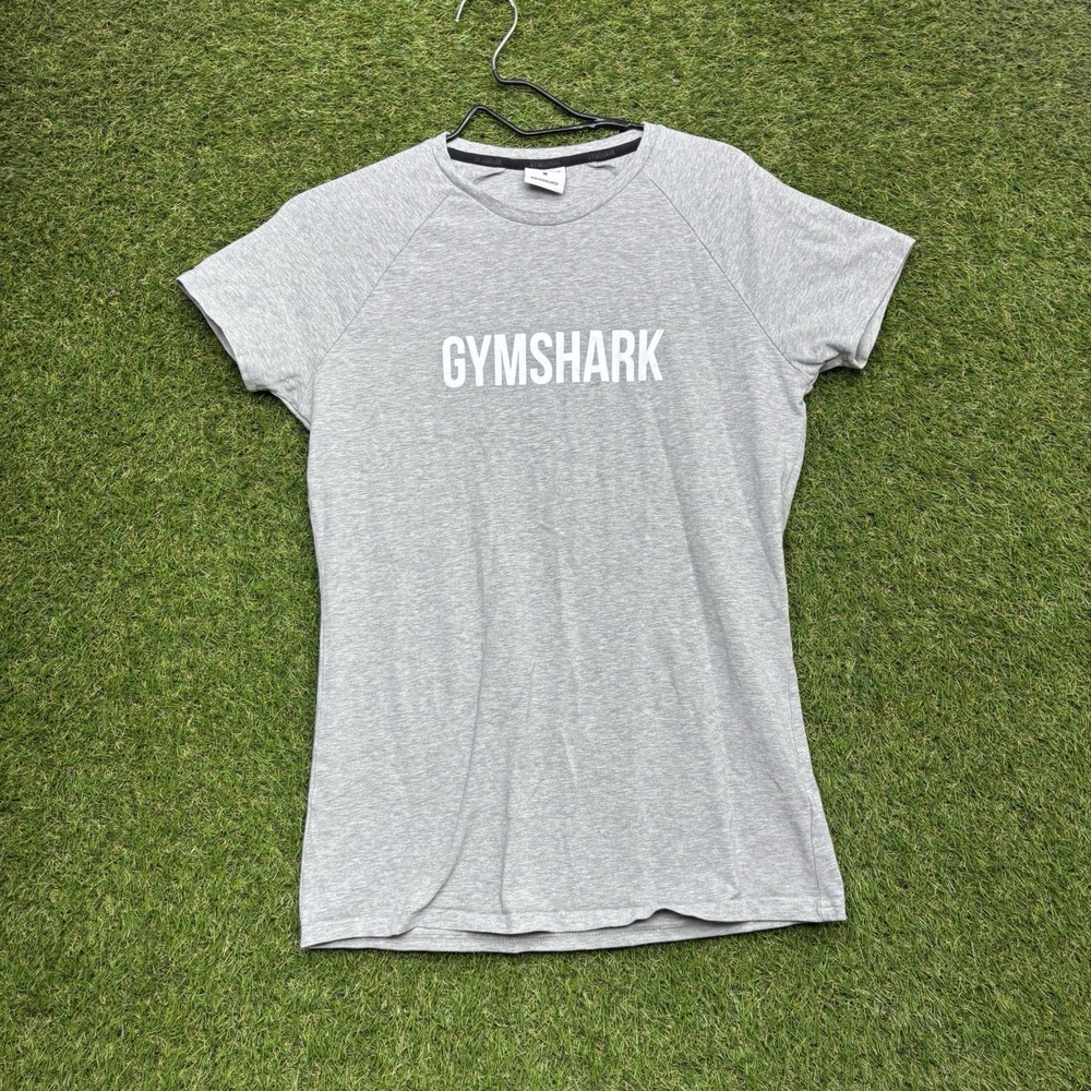 Gymshark Shirt Womens Medium Gray Knit Pullover Stretch White Chest Logo Top